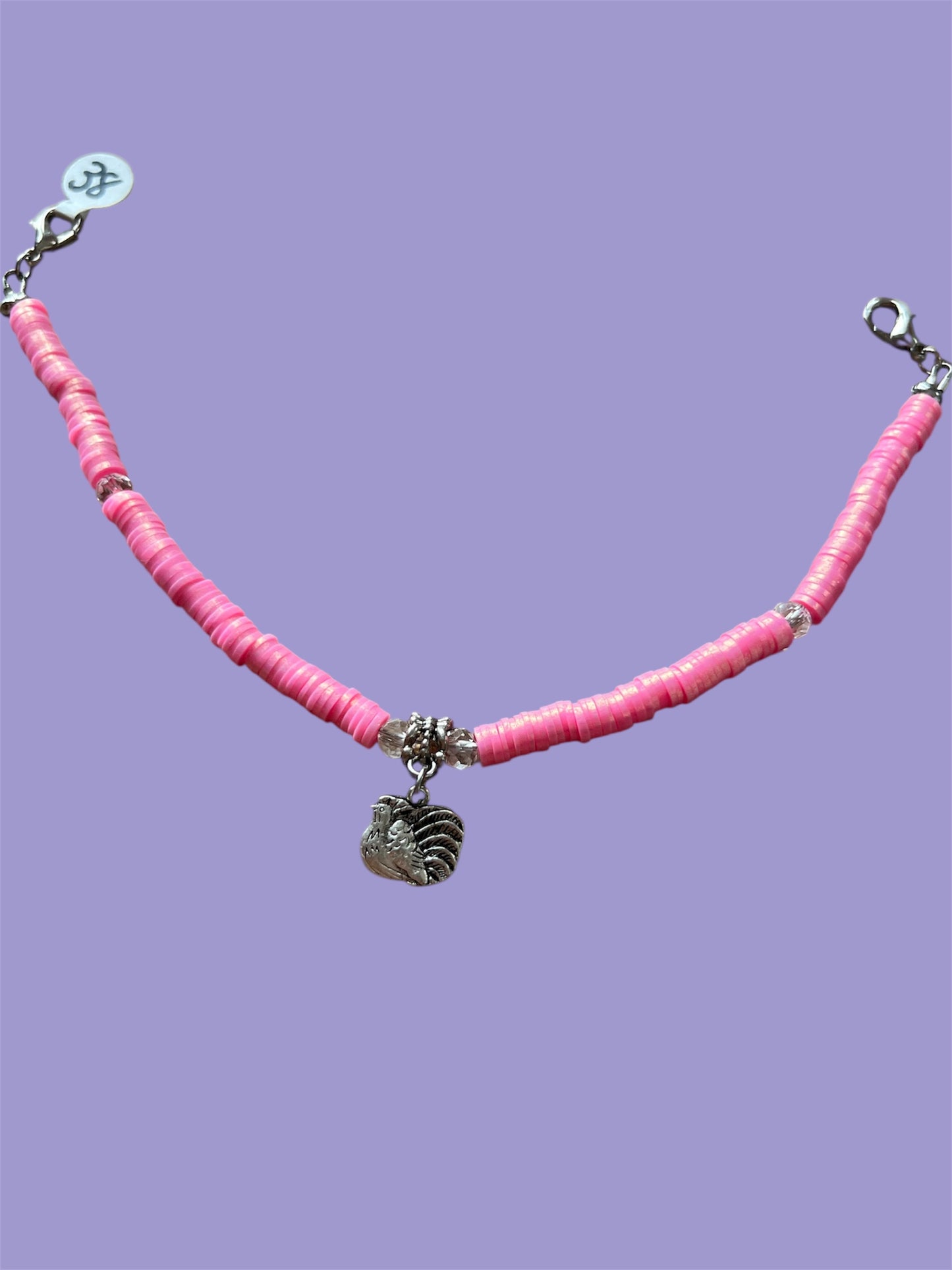 Trucker Hat Chain - Pink Polymer Clay Beads w/Chicken Charm Silver Accents #38