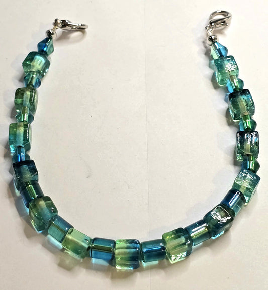 Trucker Hat Chain - Teal Glass Cube/Barrell/Bicone Beads w/Silver Accents #111