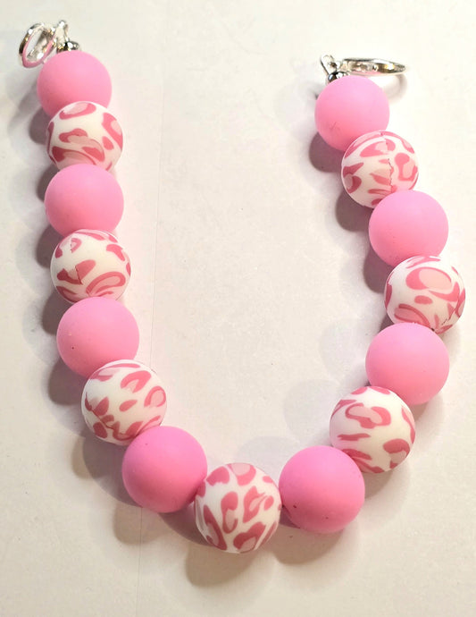 Trucker Hat Chain - Cow Print Pink Silicone Beads w/Silver Accents #107