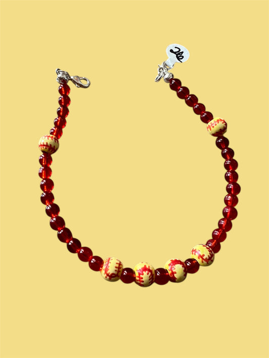 Trucker Hat Chain - Red Glass Bead Ceramic Softball w/Silver Accents #26