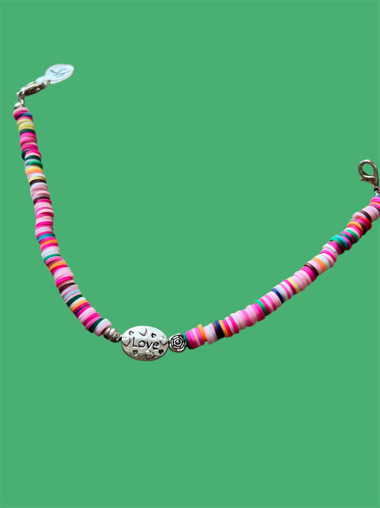 Trucker Hat Chain - Multi-Color Polymer Clay W/Silver Love Spacer/Accents #45