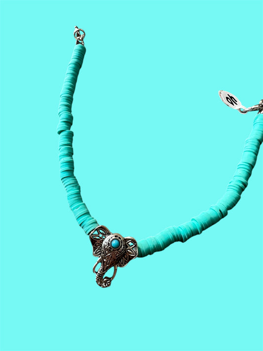 Trucker Hat Chain - Teal Polymer Clay Beads w/Silver Elephant #40