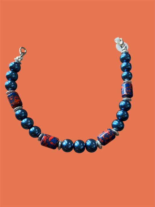 Trucker Hat Chain - Blue Glass Pearls & Blue/Orange Turquoise w/Silver Accent #31