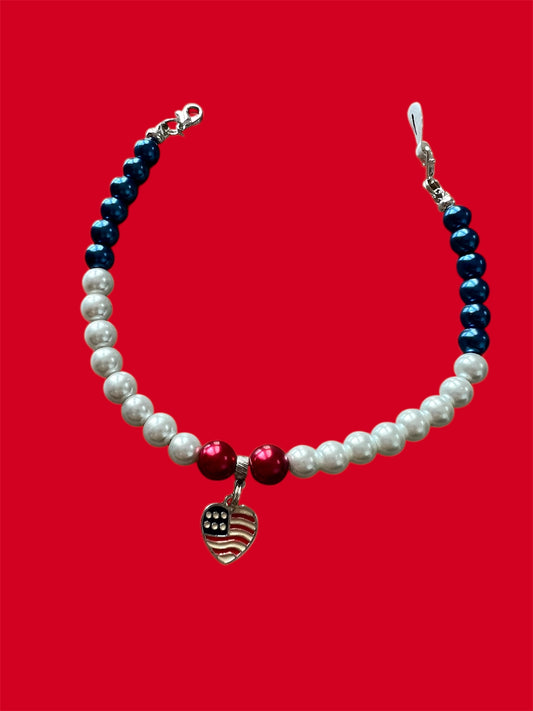 Trucker Hat Chain - Red/White/Blue Pearls Beads w/Flag Heart Charm #1