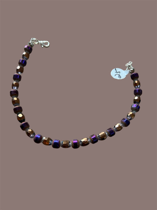 Trucker Hat Chain - Purple Shimmer Glass Beads W/Copper Plated Faceted Oval Crystals #25