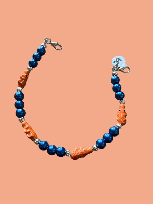 Trucker Hat Chain - Blue Pearls W/4 Orange Ceramic Gators/Silver Accents #29